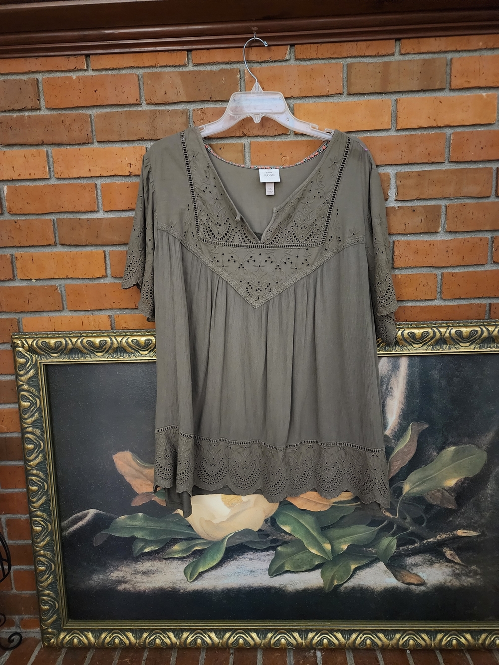 Knox Rose Olive Eyelet Lace V-Neck Blouse 3x